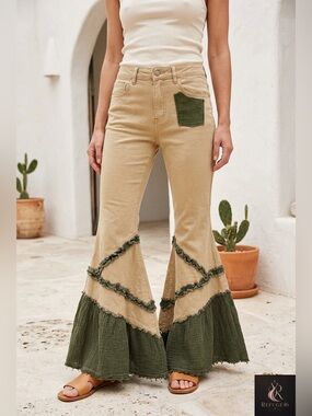 NWT POL Vintage Washing Solid Double Gauze Ruffle Twill Pants in Latte